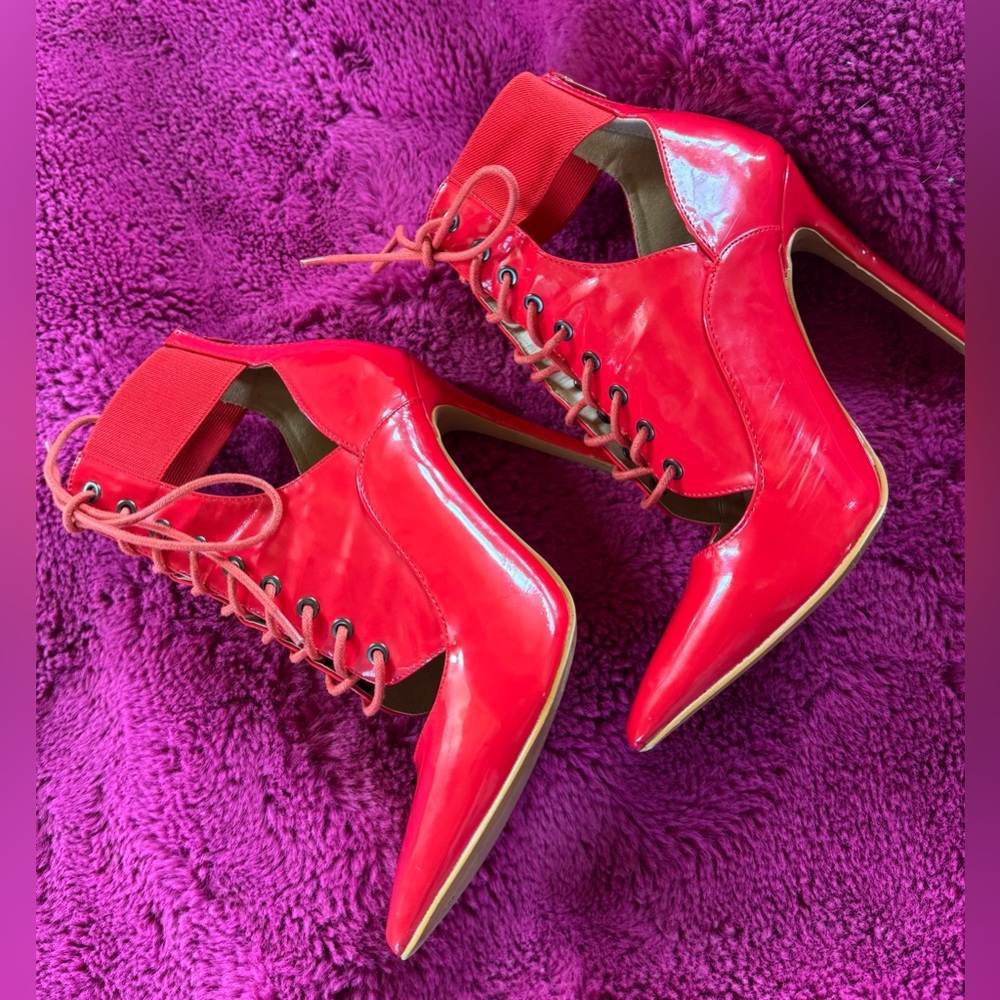 Shoe Republic LA size 9 Sexy SHOWGIRL Red lace up
 5 inch heels - HOT MAMA